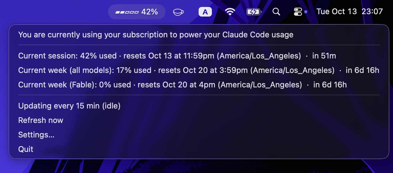 usagebar menu: session and weekly quota percentages with reset countdowns